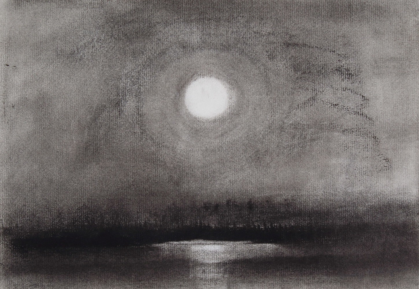 Landscape charcoal drawing of the moon in the middle of a darkening sky, reflecting off the sea below