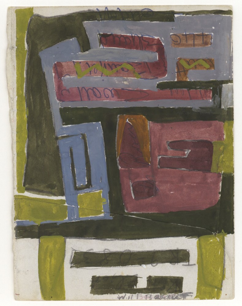 Abstract painting on paper consisting of an arrangement of forms in green, blue, mauve, and gold on a white ground