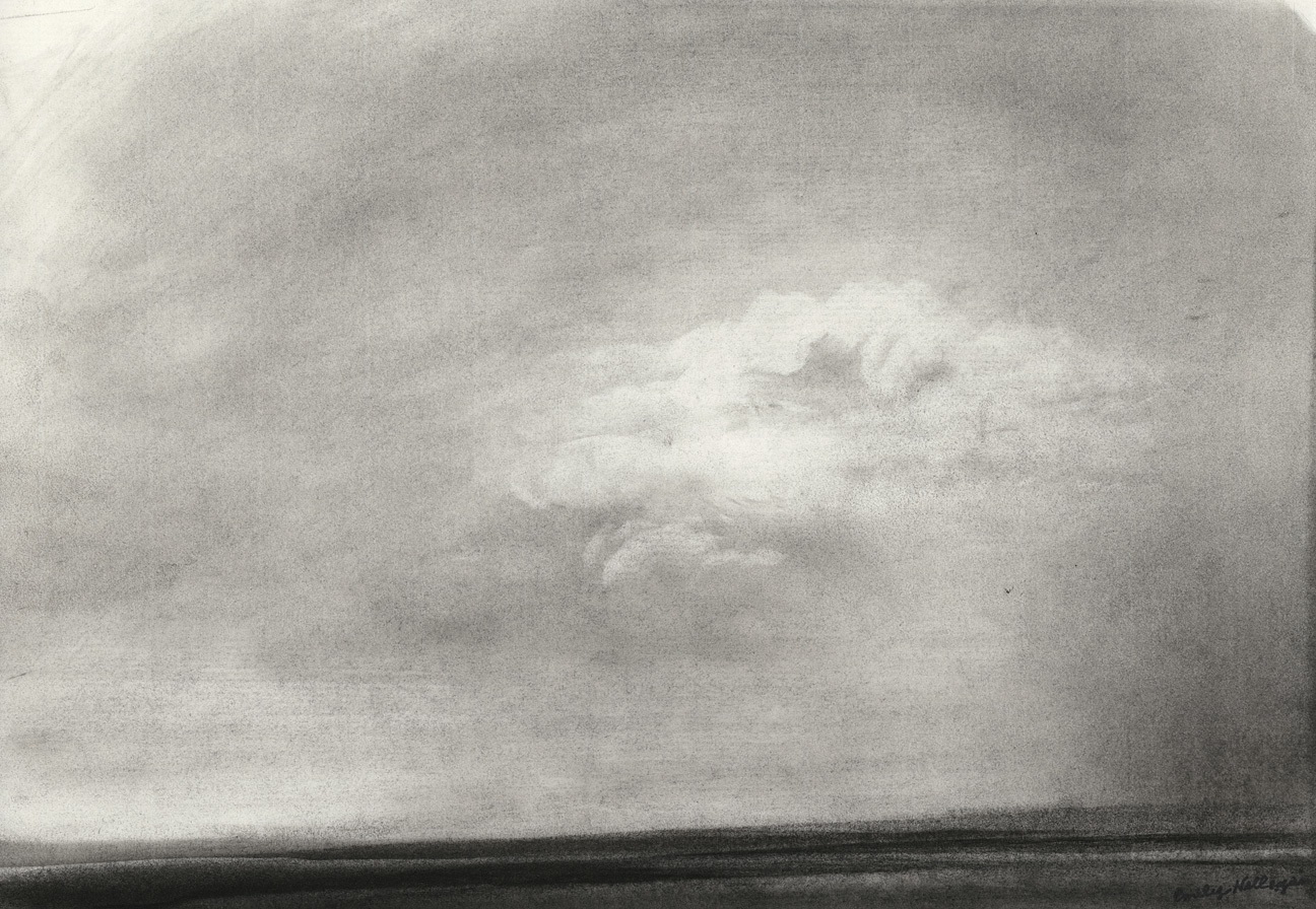Charcoal landscape drawing of a soft cloud in the sky over the sea and shoreline