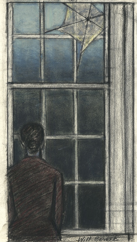 Drawing of a woman facing a window with her back to the viewer, and a large spiderweb at the top right corner of the window