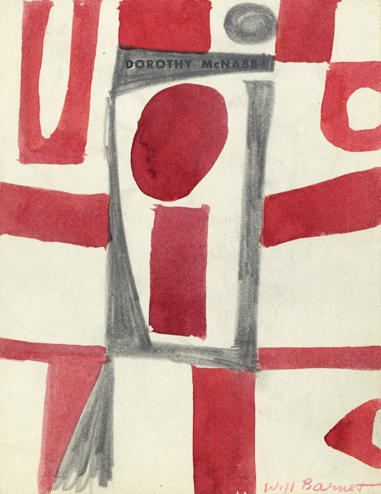 Abstract painting consisting of geometric forms in red and grey arranged over an ivory surface, with text reading &quot;Dorothy McNabb&quot; on the upper portion of the piece