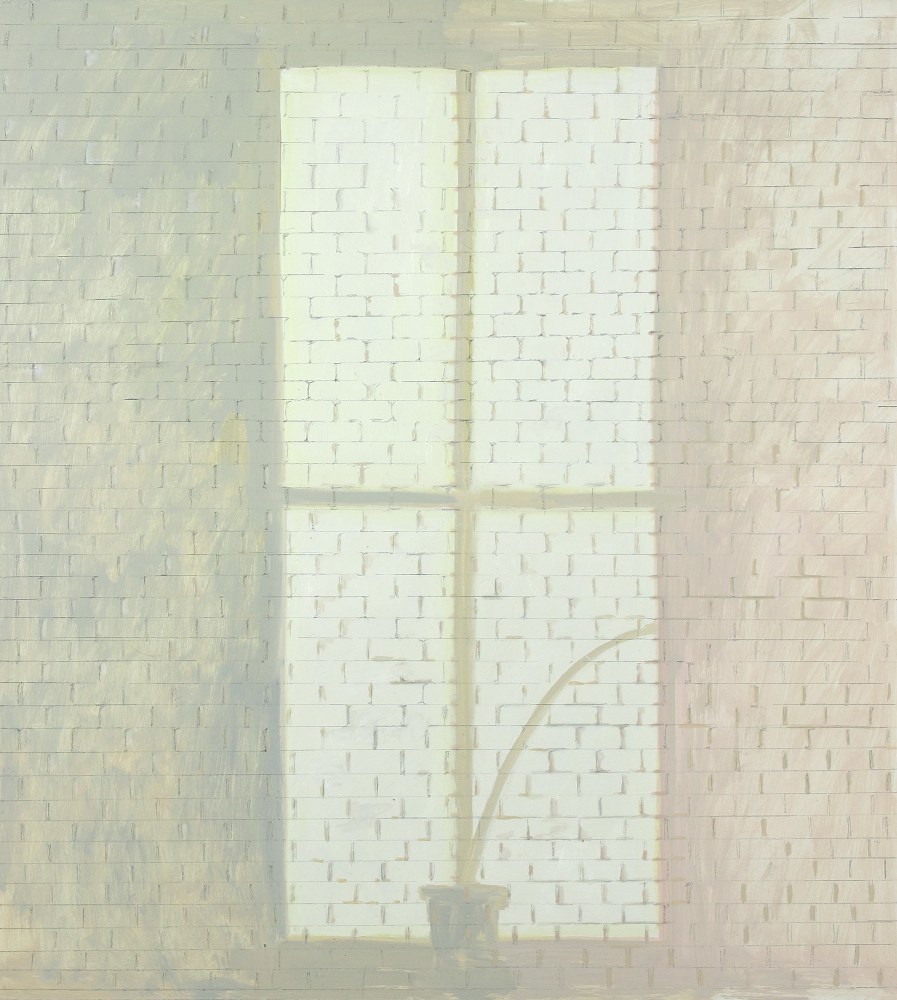 Painting of a patch of sunlight on a white brick wall
