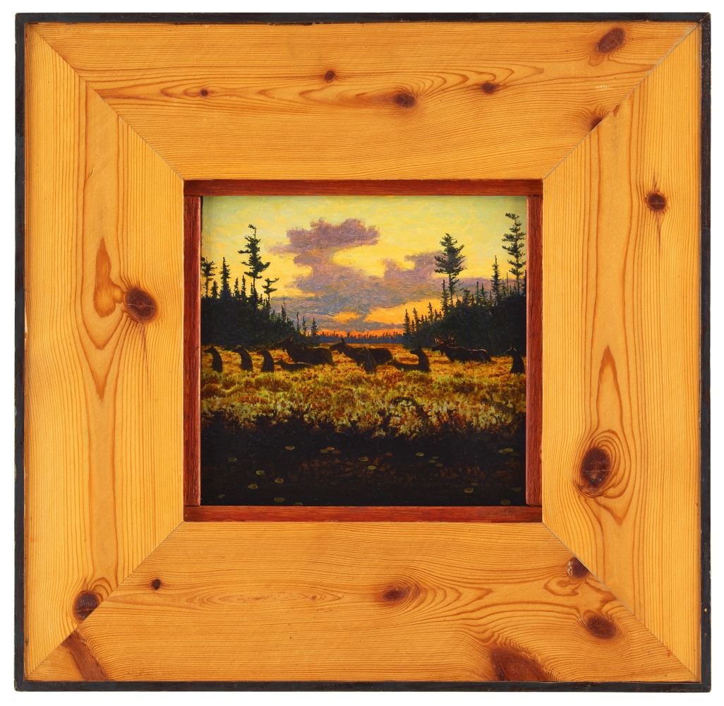 Painting of a group of bears and moose walking through a clearing at sunset