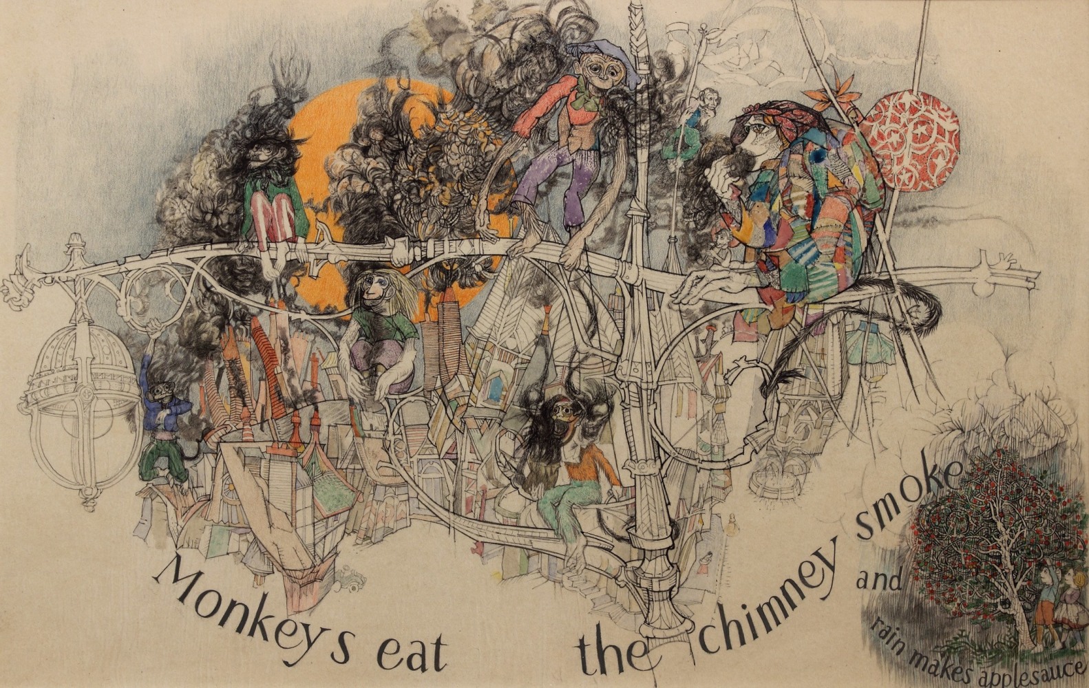 Whimsical drawing for a book illustration, of a group of monkeys perching on various bits of architecture, each seeming to inhale black smoke emerging from chimneys, with text that reads &quot;Monkeys eat the chimney smoke and rain makes applesauce.&quot;