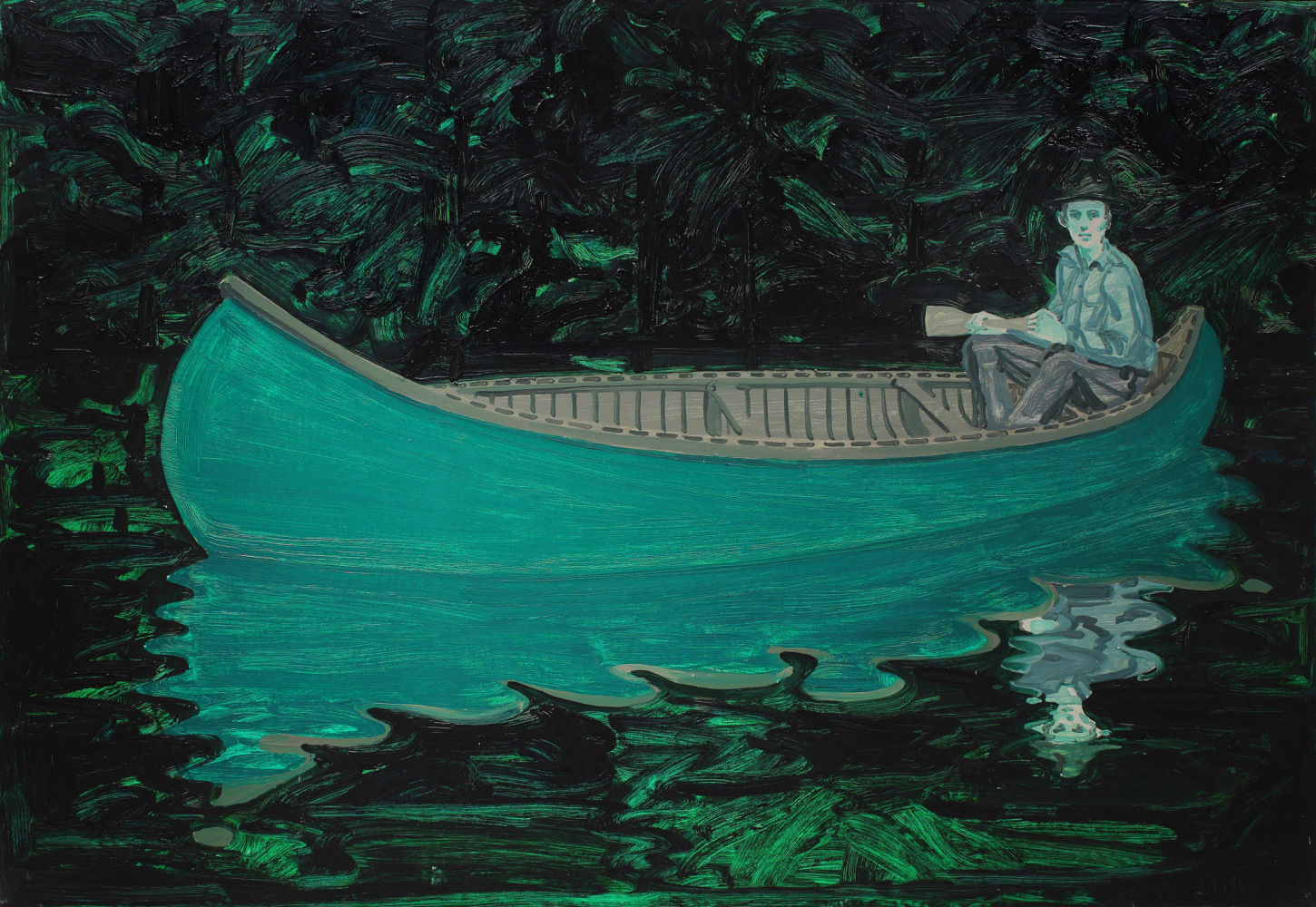 Painting of a figure sitting in a blue canoe, in a dark, nocturnal landscape, with his reflection in the dark water