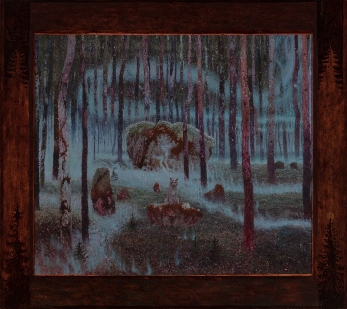 Painting of a misty forest landscape at twilight, with a wolf seated on a rock in the center