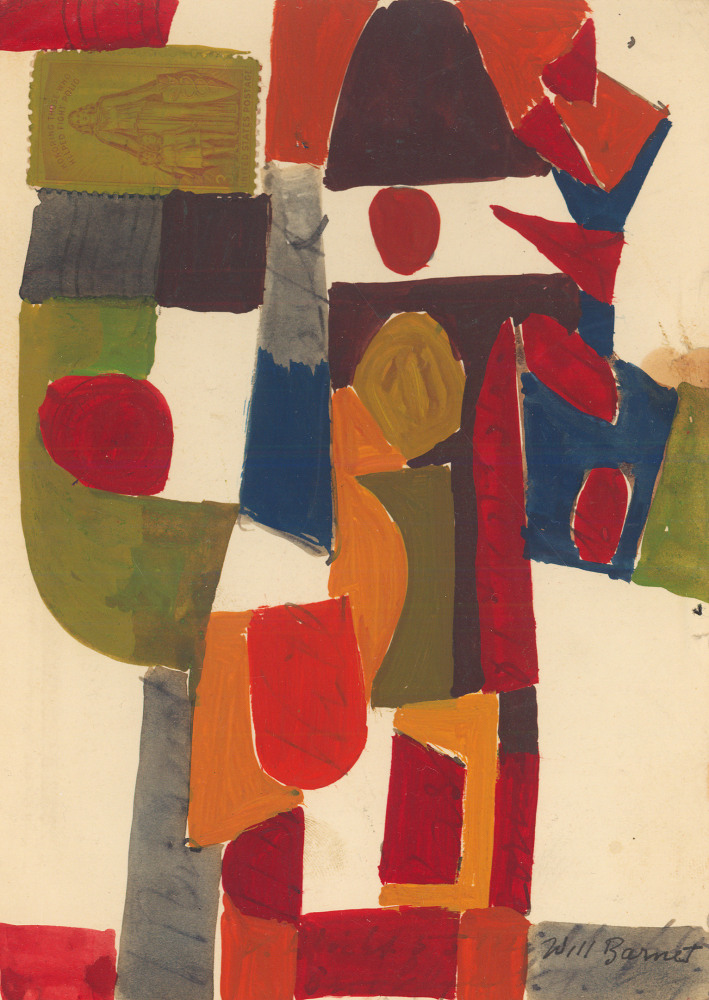 Abstract painting on paper consisting of geometric forms in green, grey, red, blue, orange, and mauve