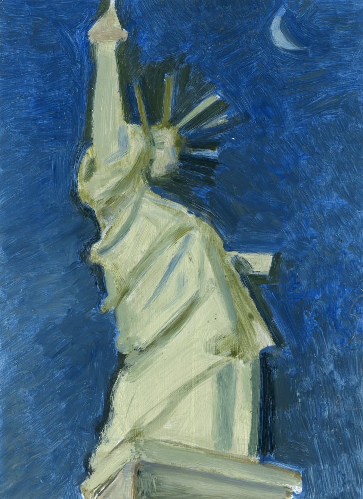 Painting of the Statue of Liberty against a night sky with a crescent moon in the top right corner