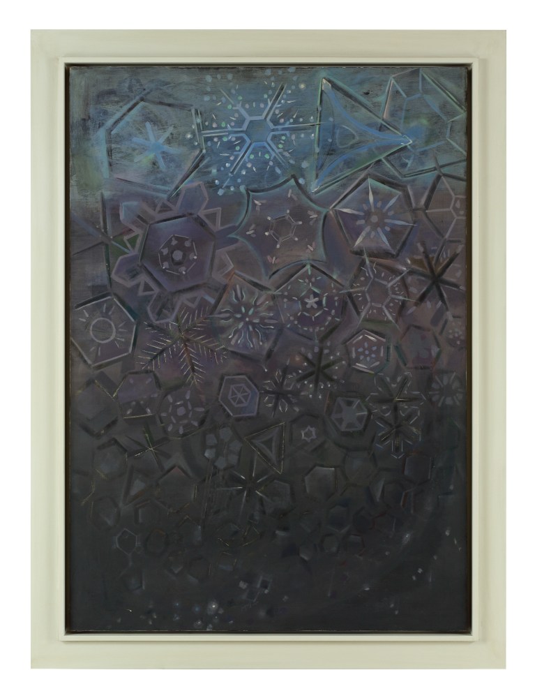 Painting of semi-abstract snow crystals arranged over a blue, purple, and grey ground
