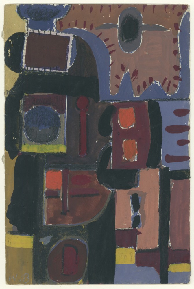Abstract painting on paper consisting of geometric forms in black, maroon, green, yellow, and mauve