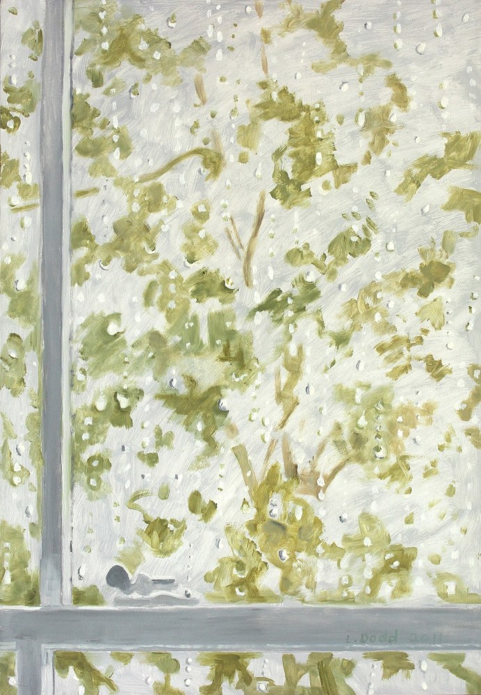Painting of a window covered in water droplets, looking out at a green tree