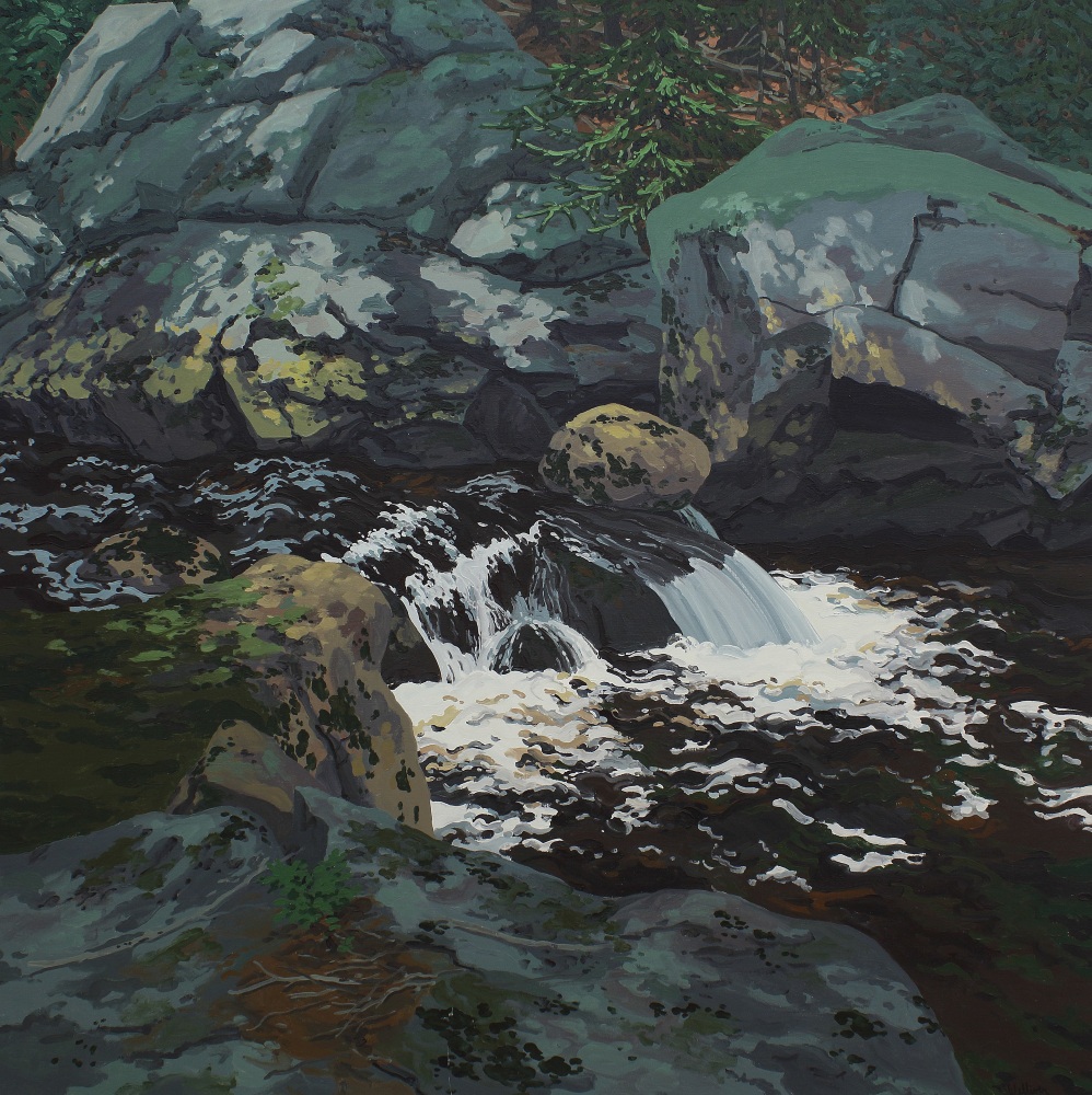 Landscape painting of a river flowing over rocks, with large grey boulders on either side