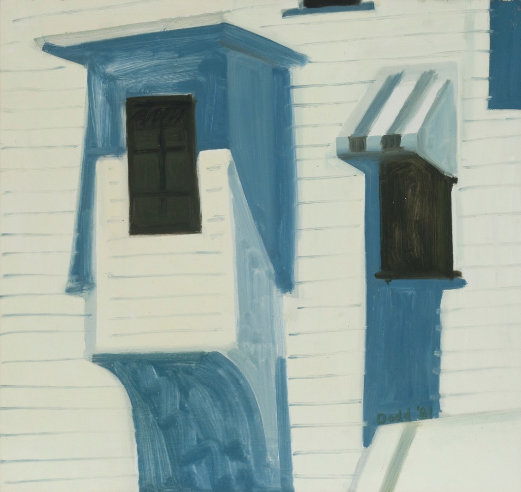 Painting of the side of a white building with blue shadows cast by two window awnings