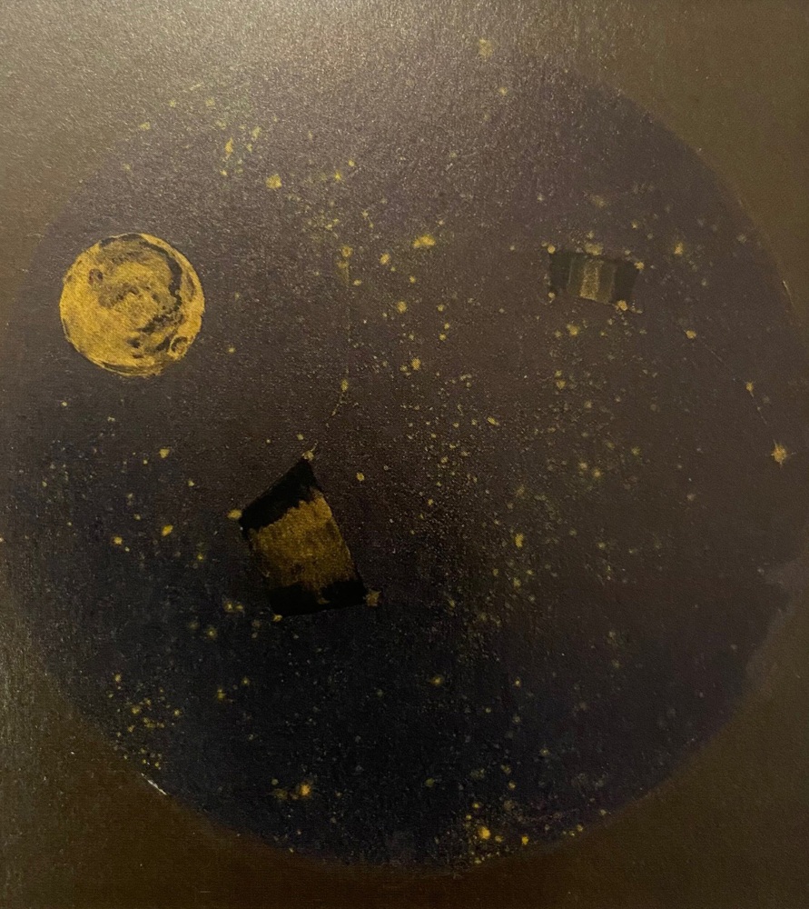 Starry Heavens, 1924, oil and gold paint with black paper on reverse side of glass, 18 x 16 inches