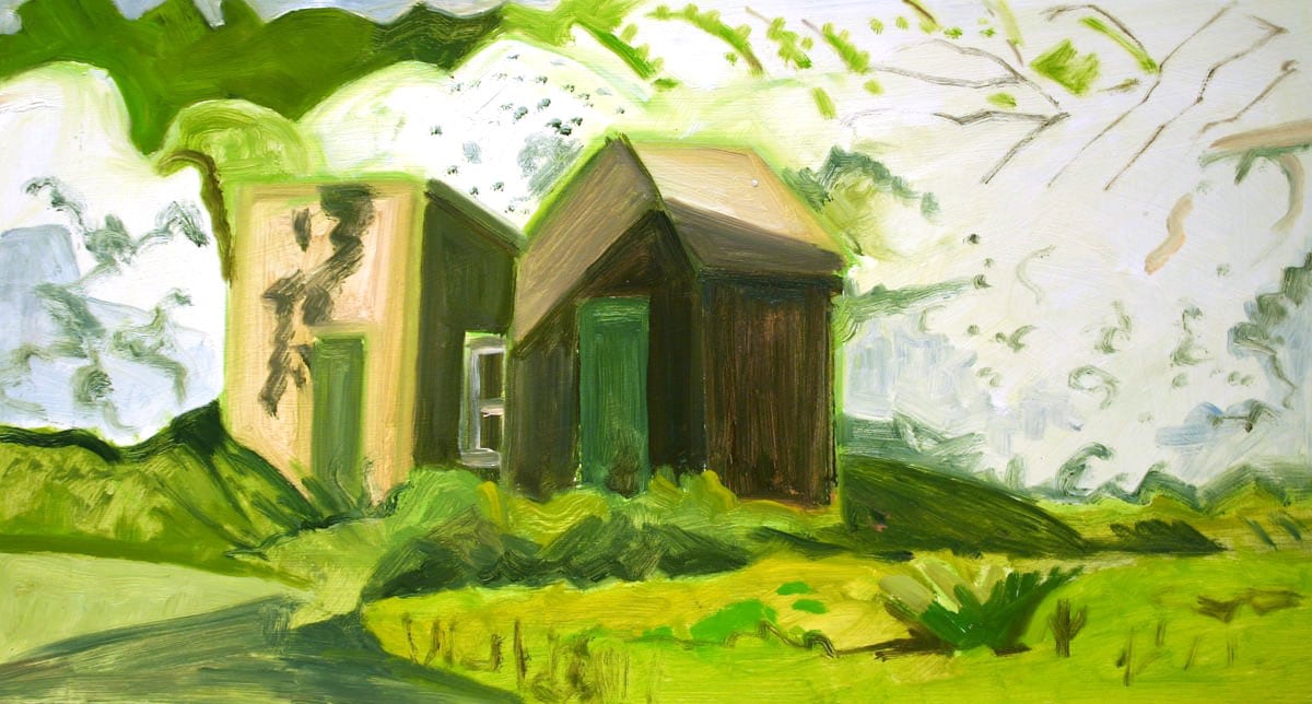 Apple Blossoms Behind Out Buildings, Cushing, 2007, oil on Masonite, 8 5/8 x 16 inches&amp;nbsp;