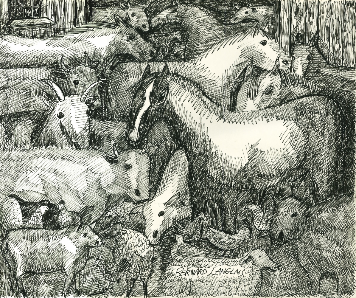 Ink drawing on paper of a group of horses, pigs, sheep and cows huddled close together in a barn