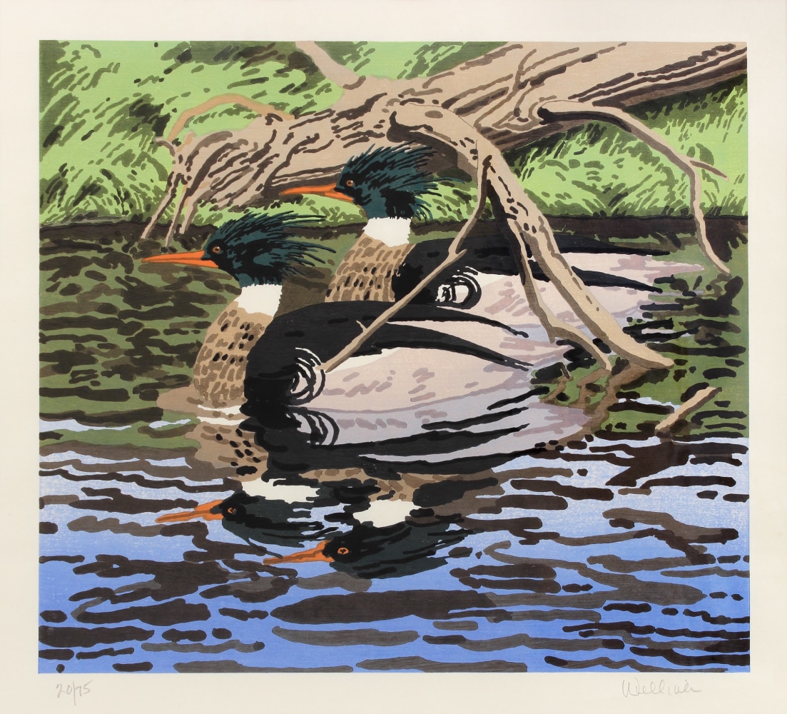 Woodcut of two ducks floating in a body of water, with a log on a grassy bank behind them