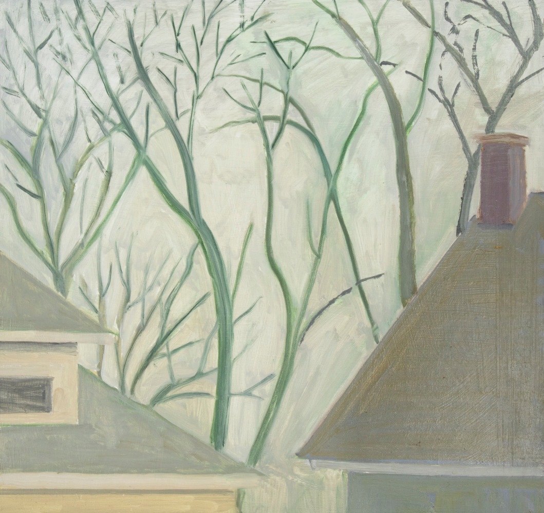 Adjacent Roofs, 2024, oil on Masonite, 15 x 15 3/4 inches
