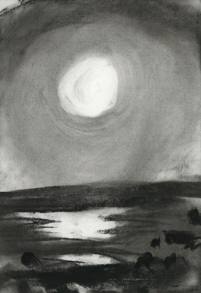 Charcoal landscape drawing of the moon in a dark sky with light reflecting on water below