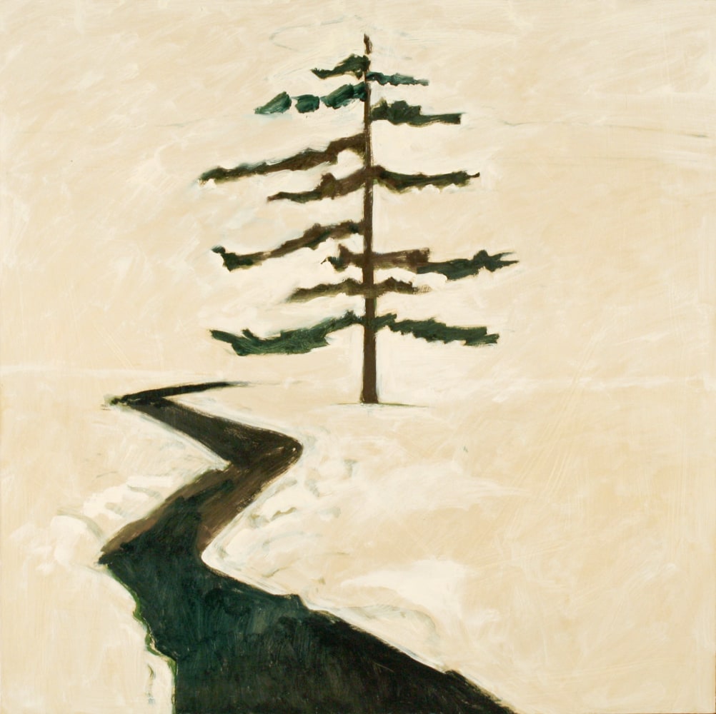 Painting of a winter landscape, with a dark river leading to a tall evergreen tree in the center of the canvas, surrounded by snow