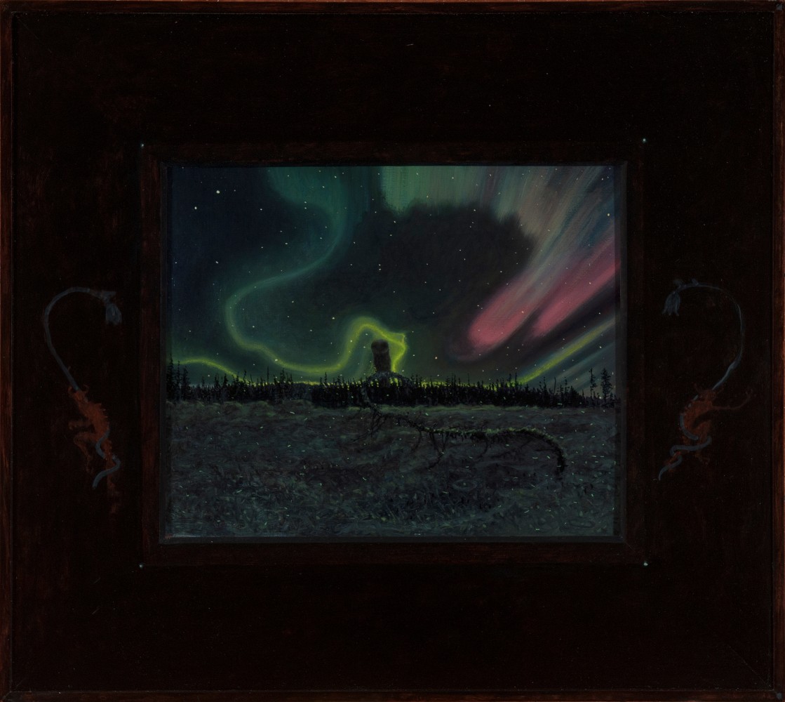 Painting of a surreal nocturnal landscape with pink and green Northern Lights in the sky