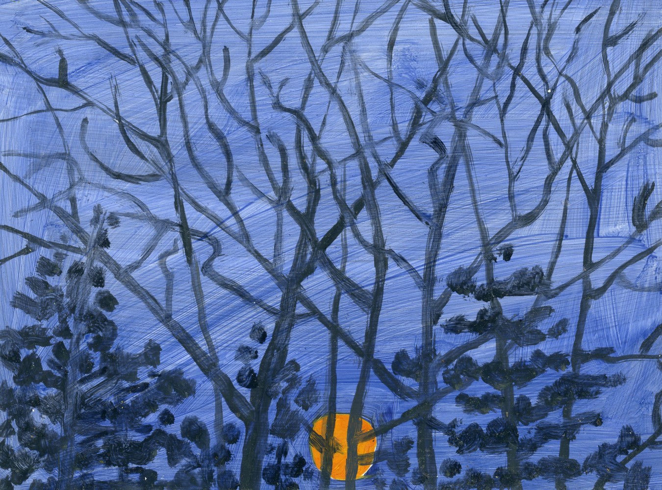 Painting of a low-hanging, orange full moon in a blue sky behind a group of dark trees
