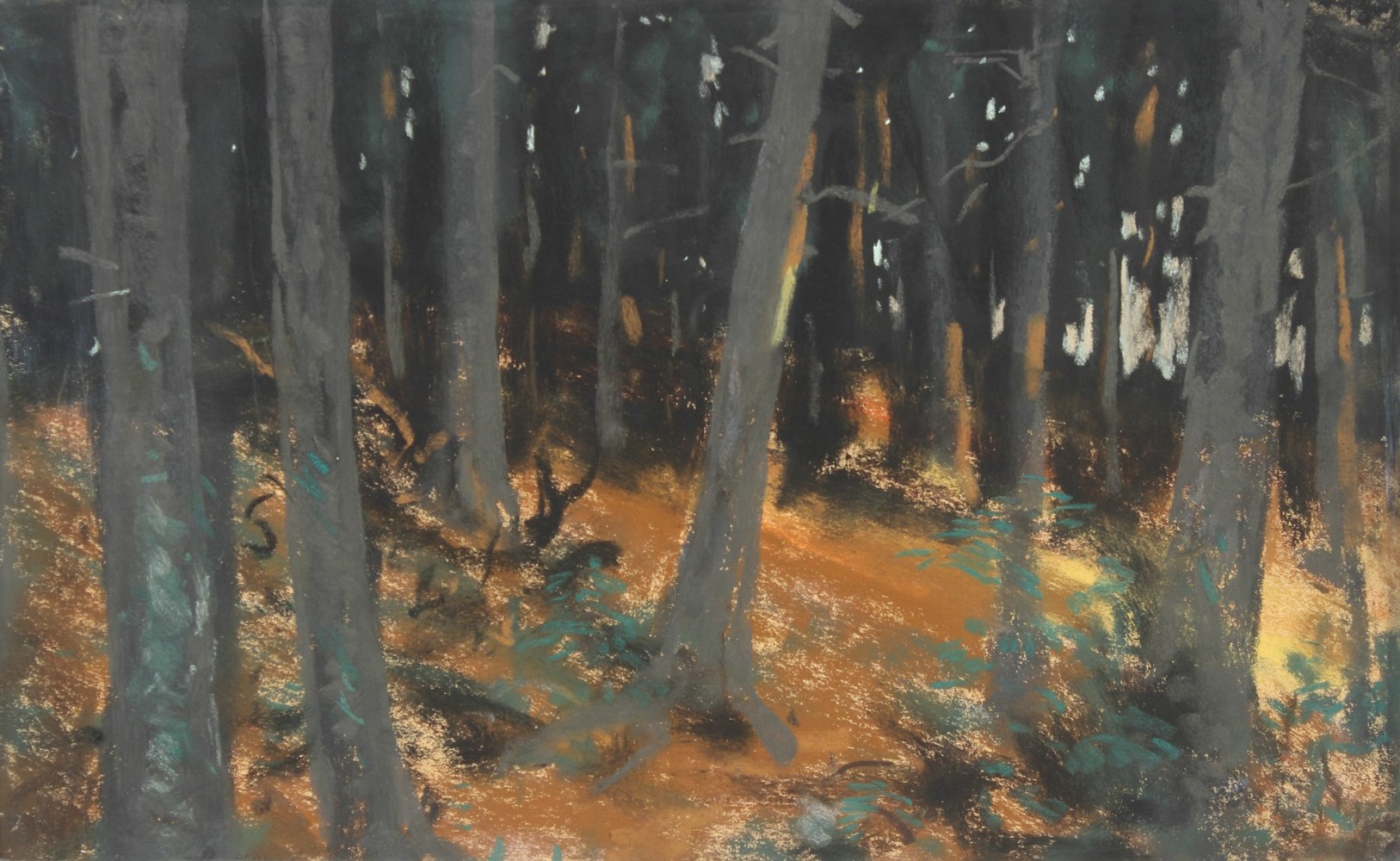 Pastel landscape drawing of a densely-wooded forest at sunset