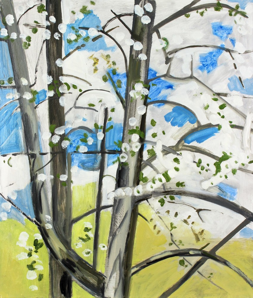 Painting of a white flowering tree with a blue sky with white clouds and a field of green grass in the background