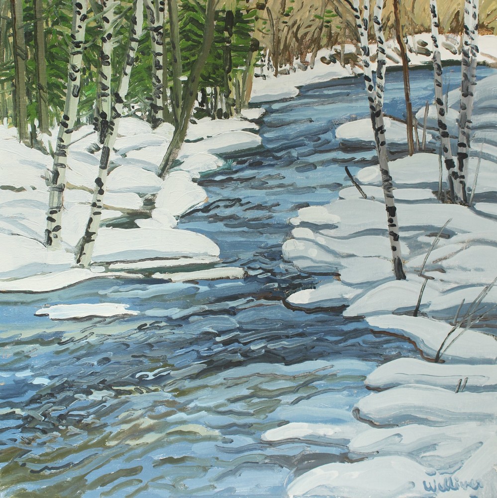 Landscape painting of a river surrounded by snowy banks and trees