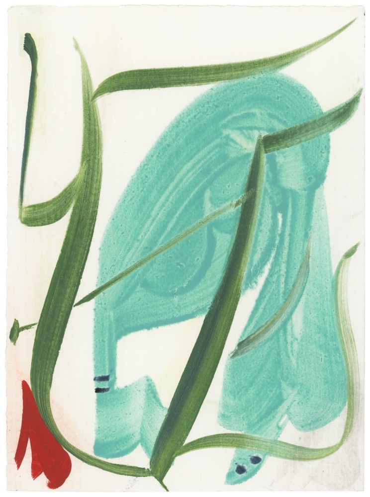 Abstract painting with organic forms in teal, green, and red on a cream-colored ground