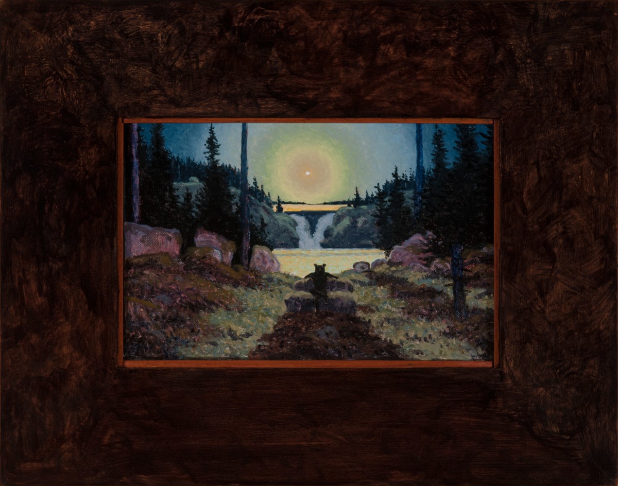 Nocturnal forest landscape, with a bear seated on a rock formation, looking at the viewer, and a waterfall and radiant moon in the background