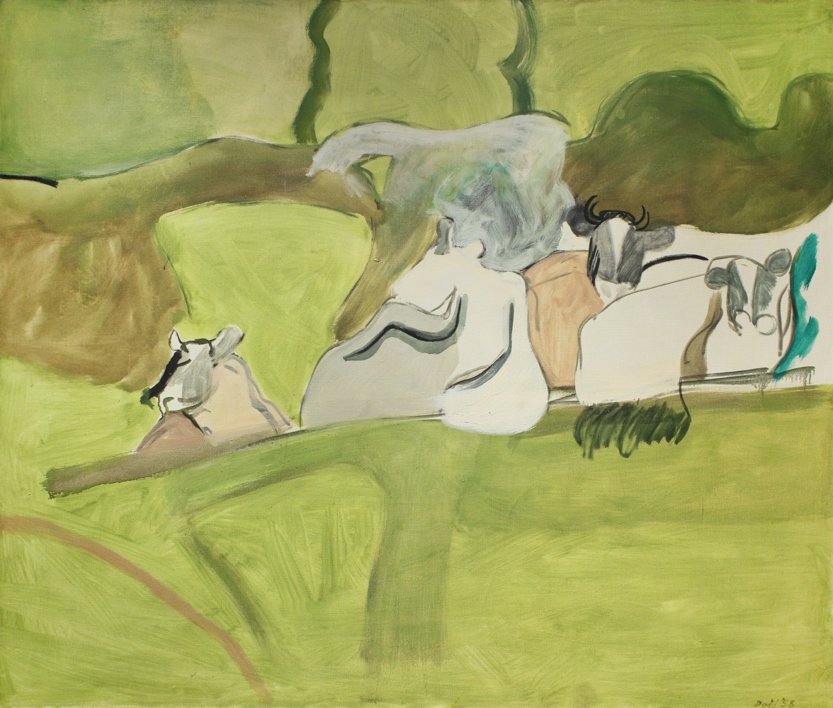 Painting of abstracted cows in a green landscape