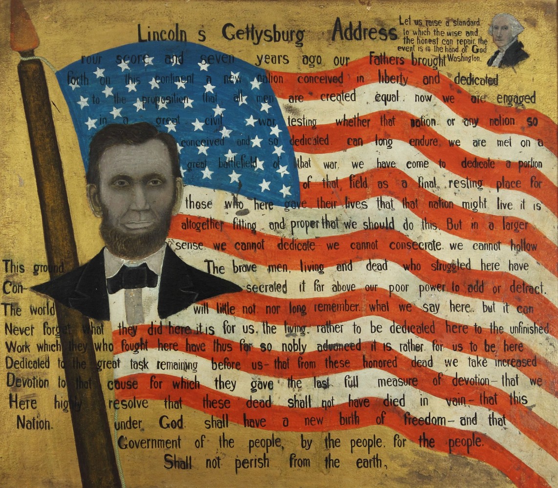 Folk art painting with a bust of Abraham Lincoln in the foreground, and an American Flag in the background overlaid with text from the Gettysburg Address
