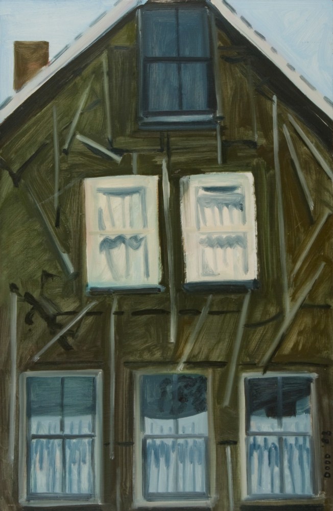 Painting of a brown building with six windows and a pale blue sky in the background