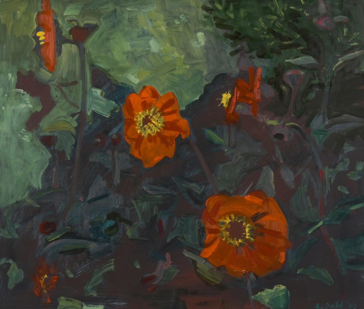 Painting of red flowers in deep blue-green foliage