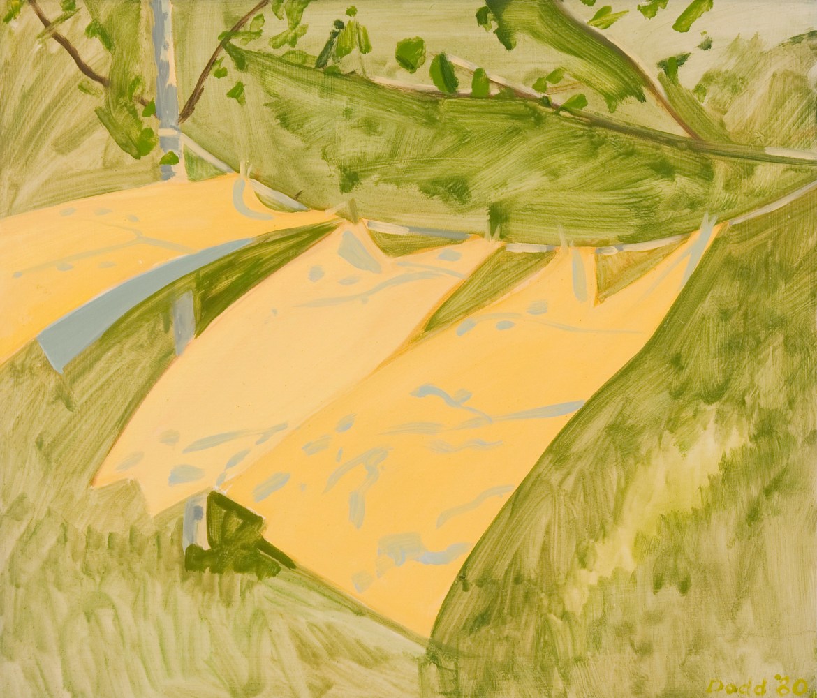 Painting of three yellow pieces of cloth fluttering on a clothesline, surrounded by green grass