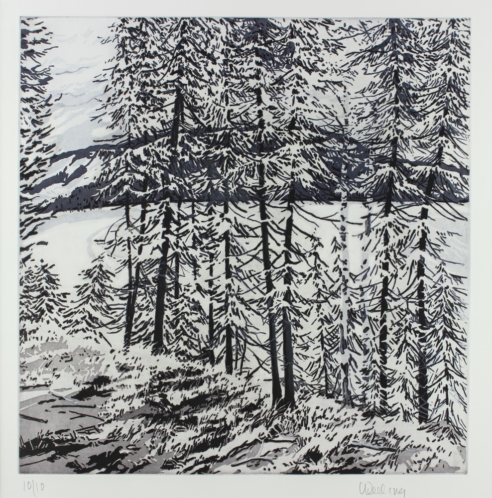 Etching of a group of trees in winter, with a body of water and mountain behind them, all covered in snow
