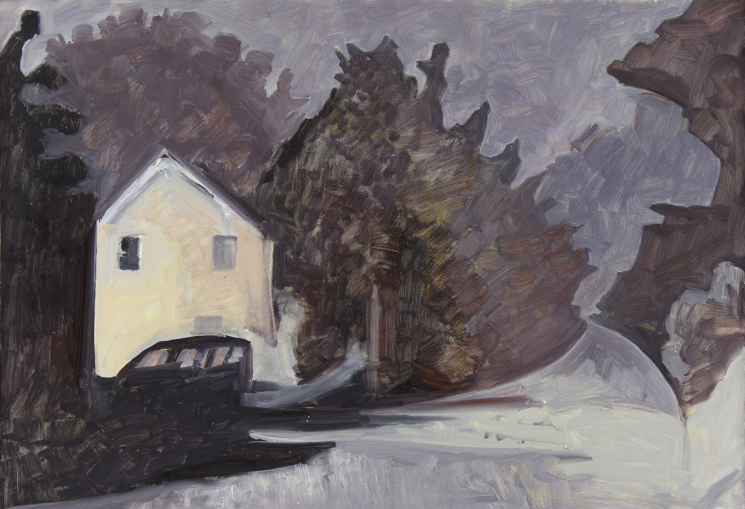 Painting of a small white building in a dark landscape