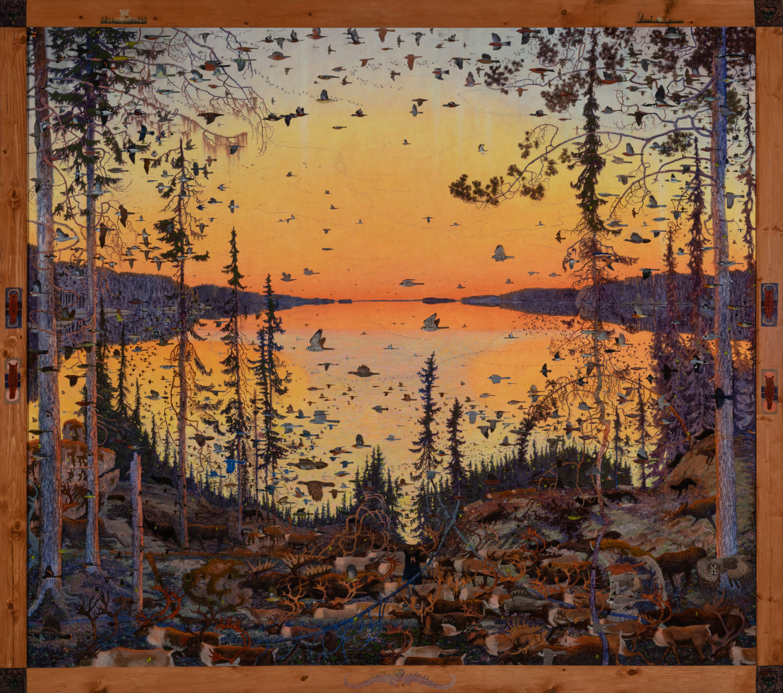 Landscape painting of a lake at sunset, with countless birds, bears, moose, and other forest animals walking towards the left