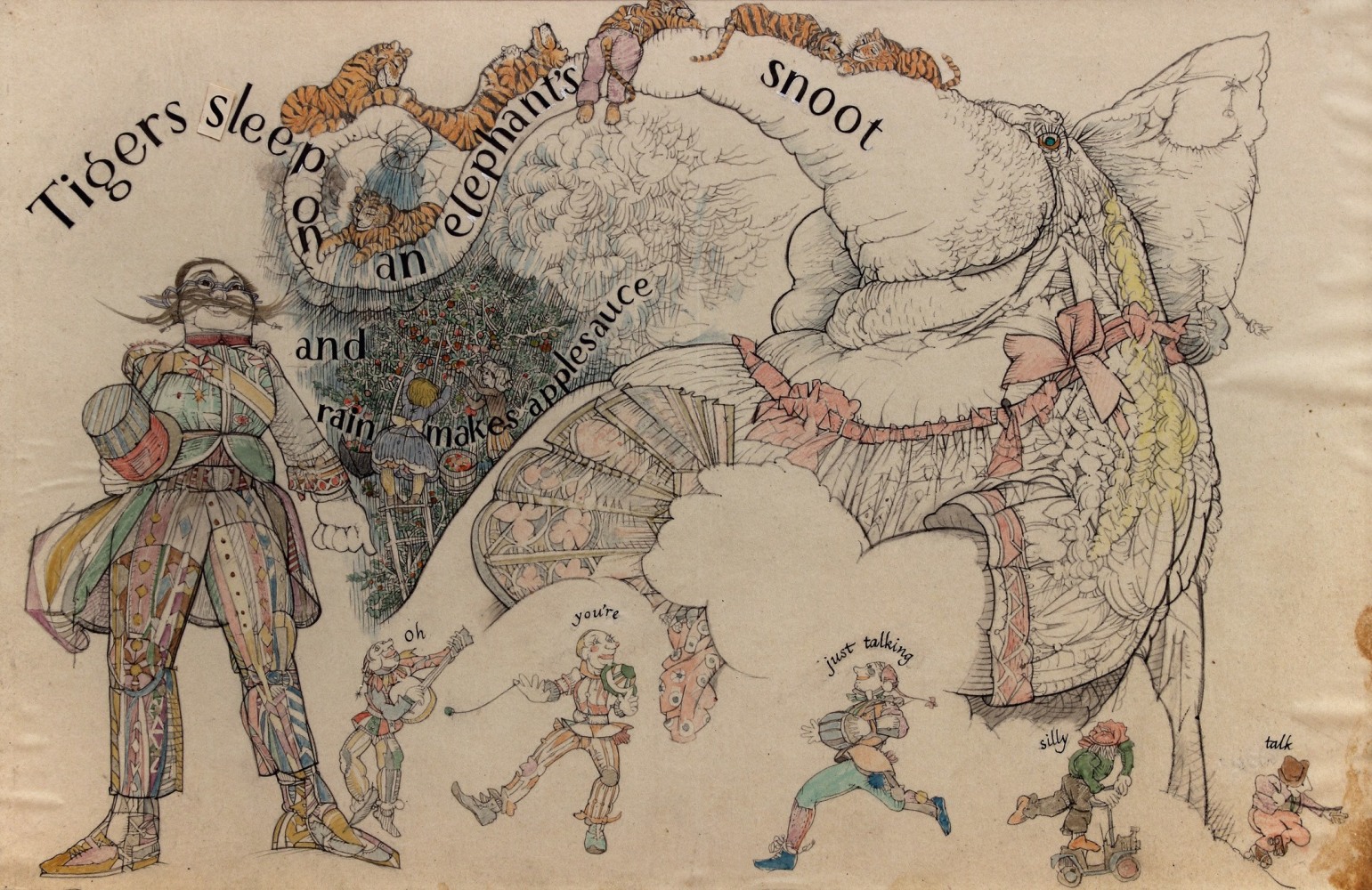 Drawing for a book illustration, with a whimsical elephant wearing a dress and holding a fan, with several tigers laying on her trunk, and various human figures below, with text that reads &quot;Tigers sleep on an elephant's snoot and rain makes applesauce.&quot;