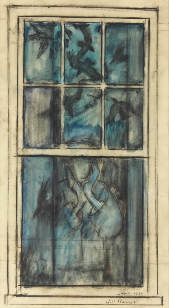 Watercolor drawing of a woman standing in a window looking out, with a flock of black birds reflected on the glass