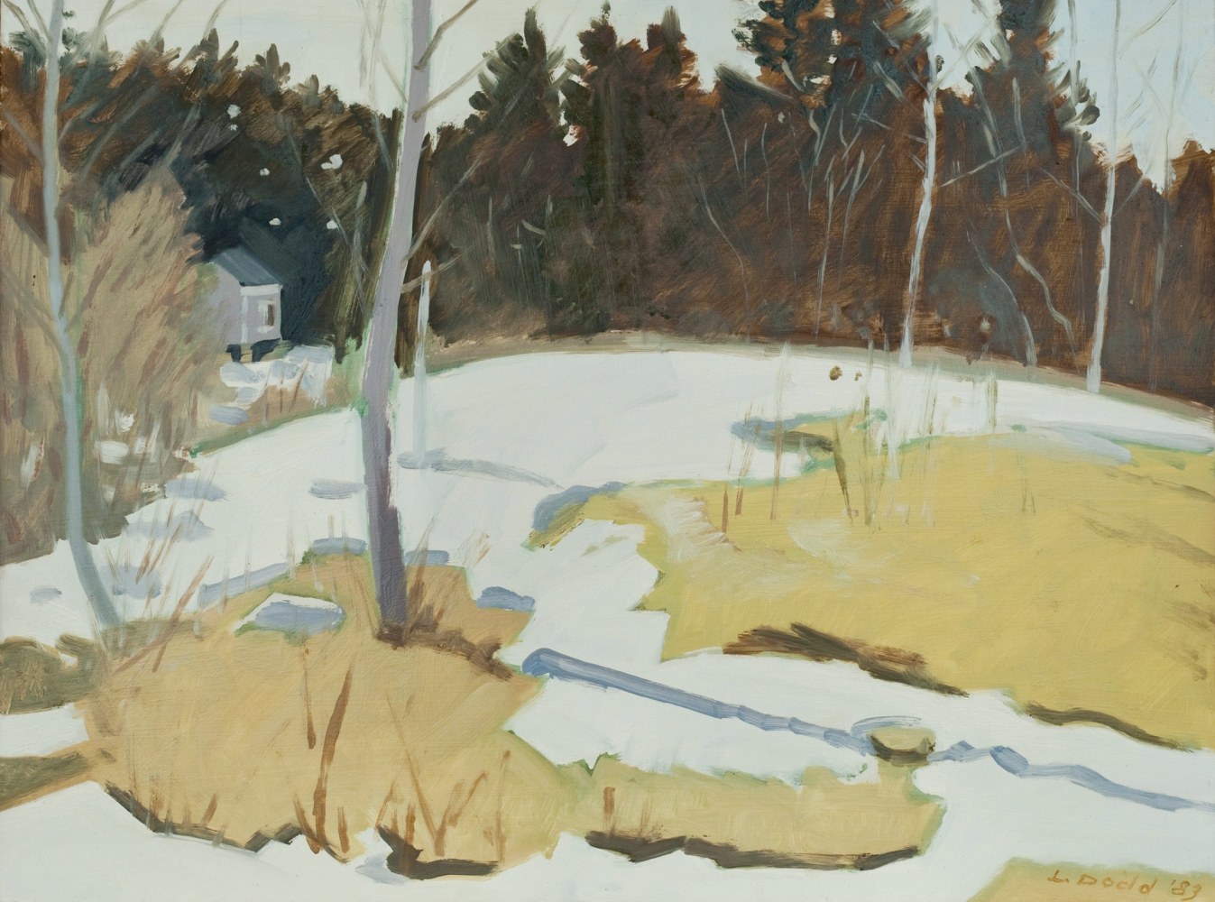 Painting of patches of snow in a yellow field, with a small building and brown trees in the background