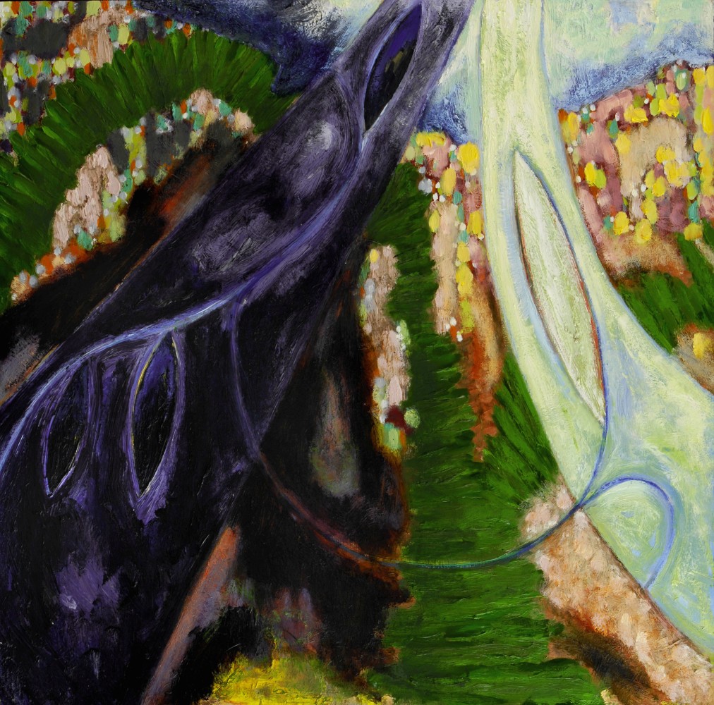 Abstract painting composed of organic forms in purple, green, orange, pink, yellow and blue