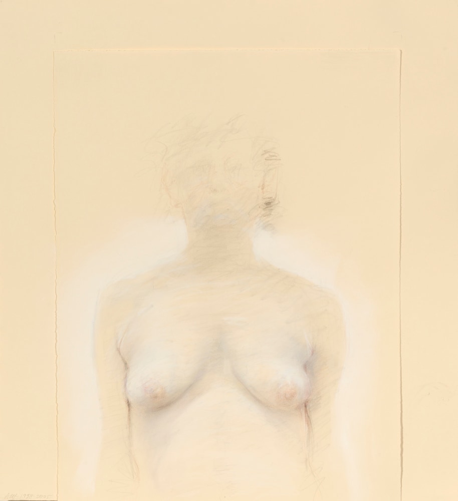 Pastel drawing of a nude figure from the waist up, blending into an atmospheric beige background