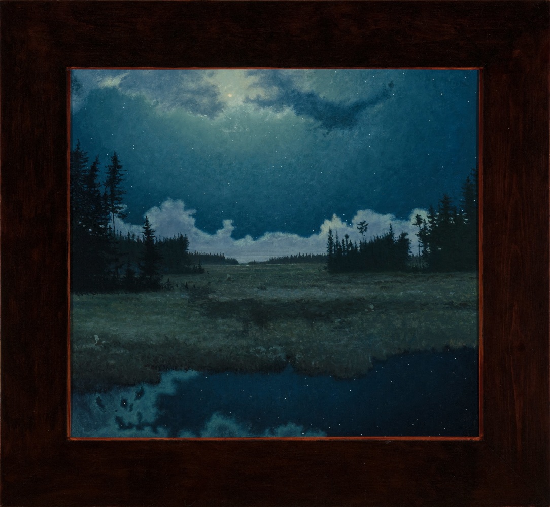 Landscape painting of a moonlit forest and marsh