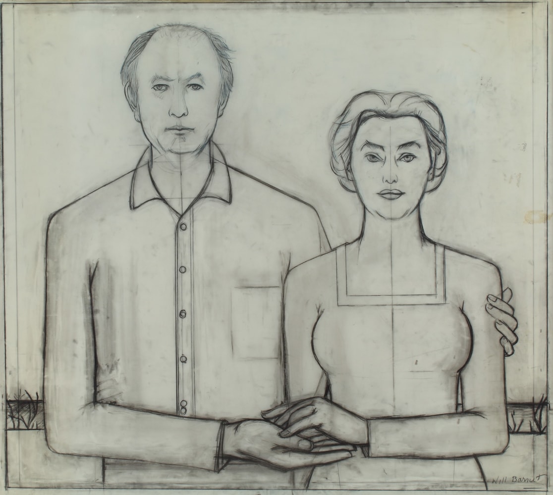 Painting of two figures, one with an arm around the other, holding hands in front