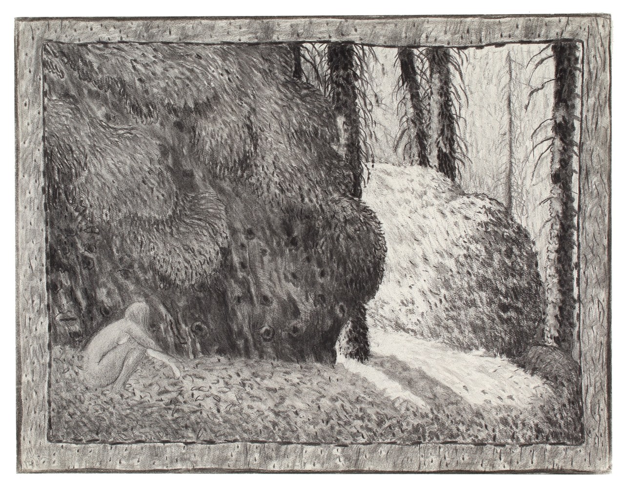 Charcoal drawing of a surreal forest scene with a nude figure crouching in the foreground