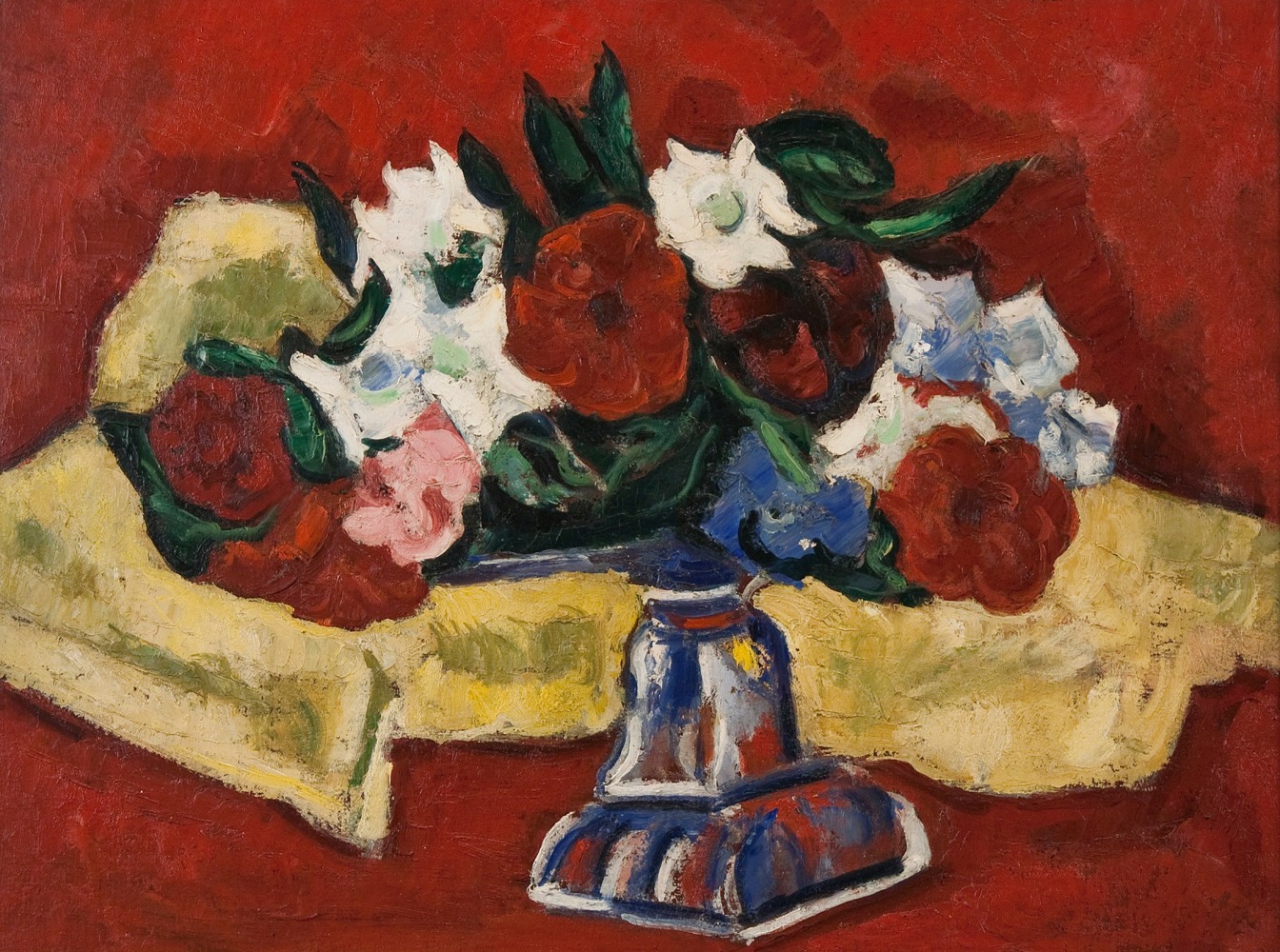 Painting of an abstracted vase of red flowers with a yellow and red background