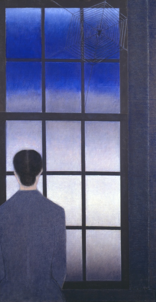 Painting of a figure looking out a window at a blue and lavender sky, with a spider in the center of a spiderweb in the upper right corner