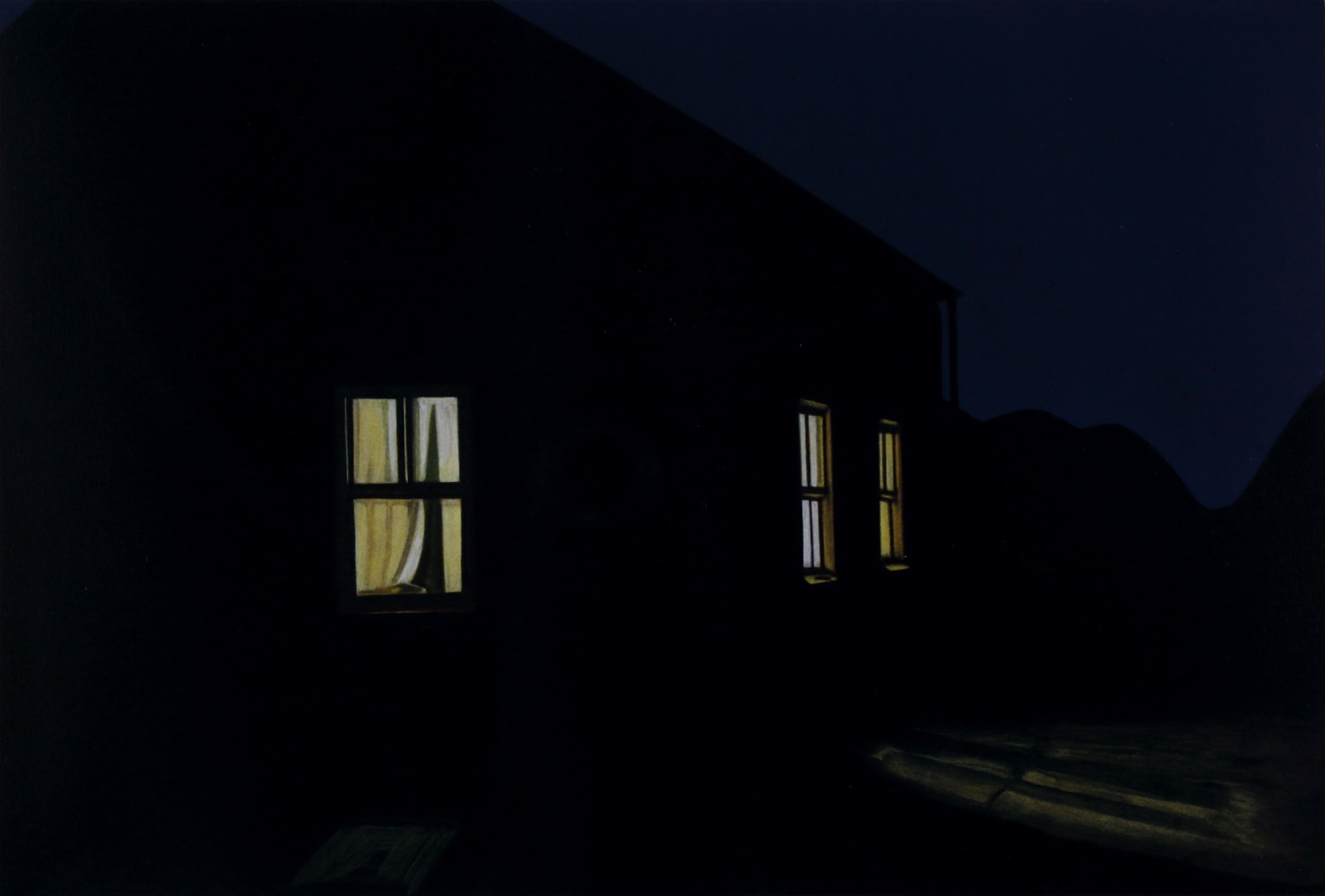 Painting of a house at night with three lighted windows
